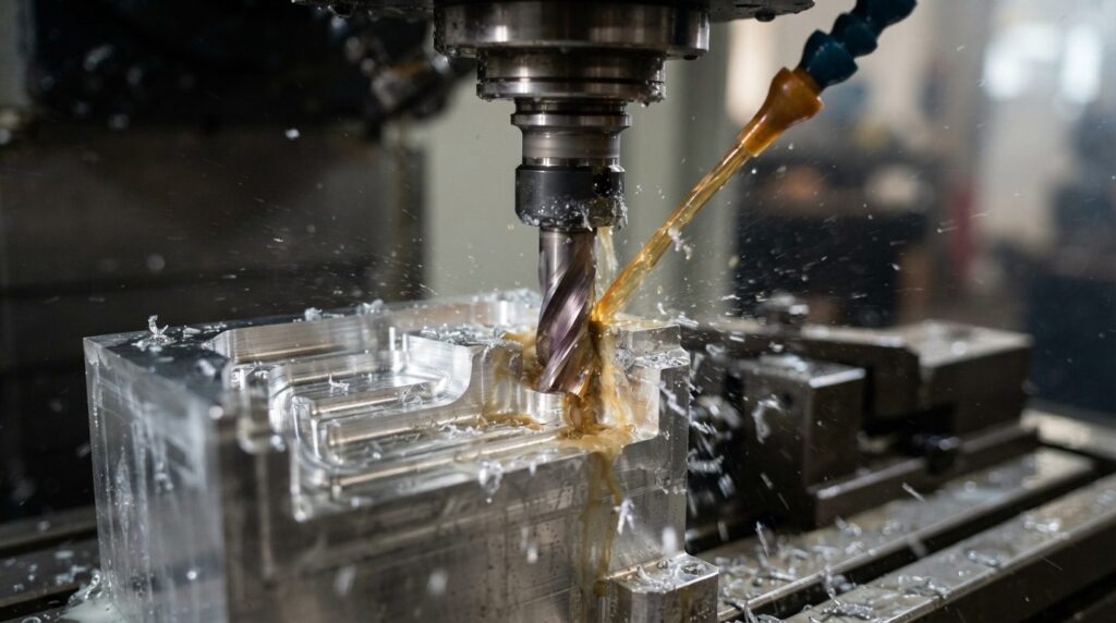 Close-up macro photography of a CNC milling machine cutting 
