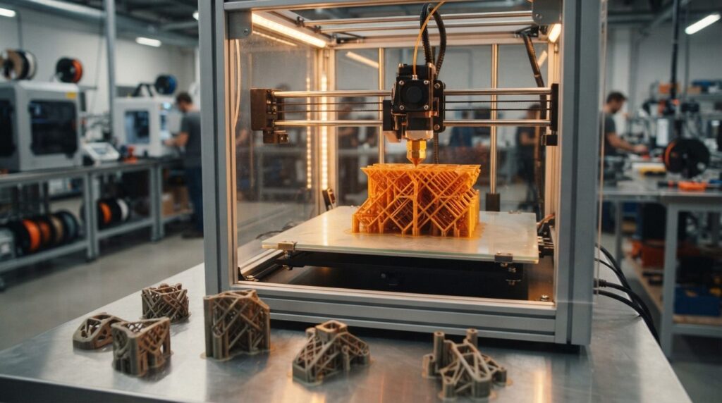 Industrial 3D printer nozzle depositing molten material laye