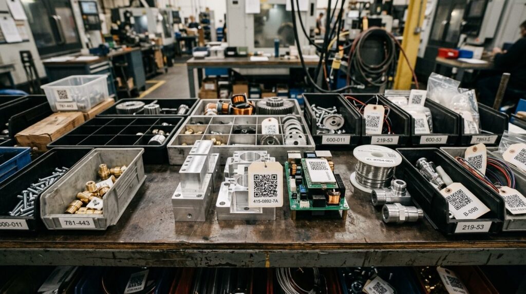 Close-up overhead view of manufacturing components and raw m