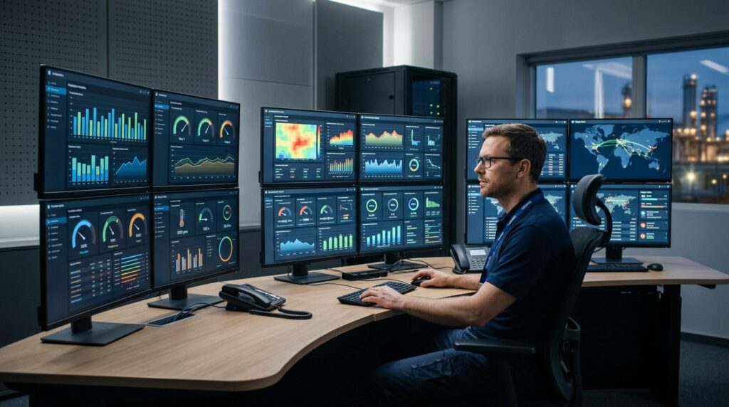 Modern industrial control room scene with technician monitor