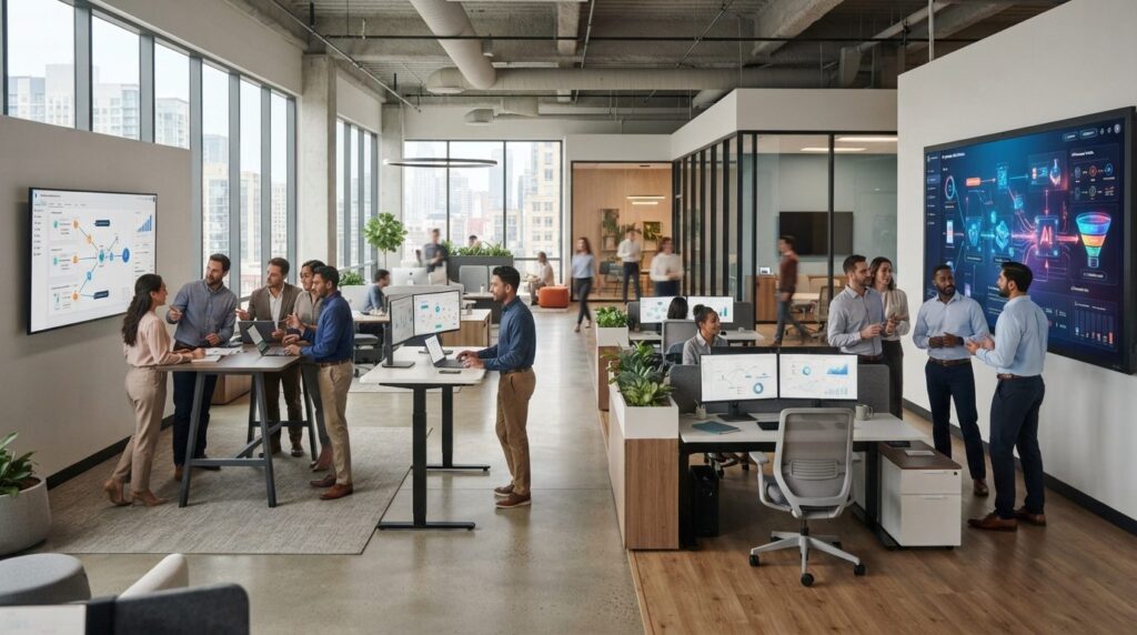 Wide angle photorealistic image of a technology-focused B2B 
