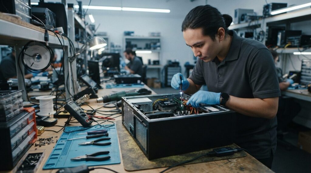 Photorealistic stock photo of a tech support specialist exam