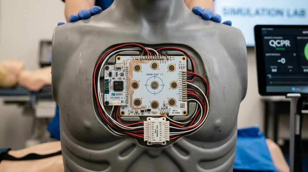 Close-up photorealistic detail shot of sensor-embedded CPR t