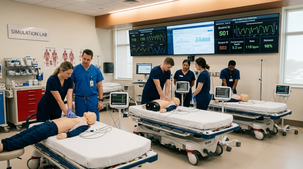 Wide-angle professional photograph of automated CPR training