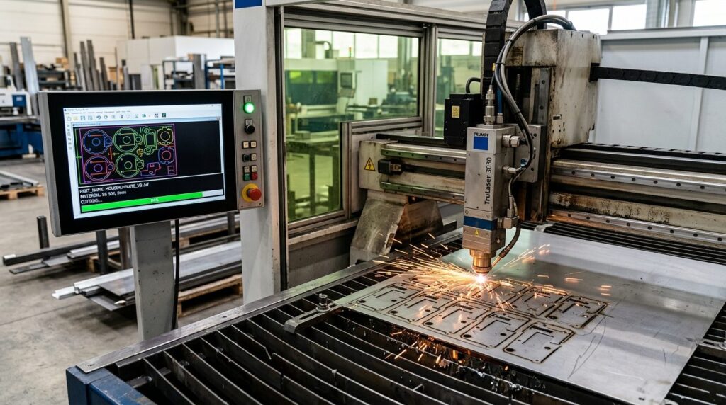 Close-up of industrial cutting machine with precision laser
