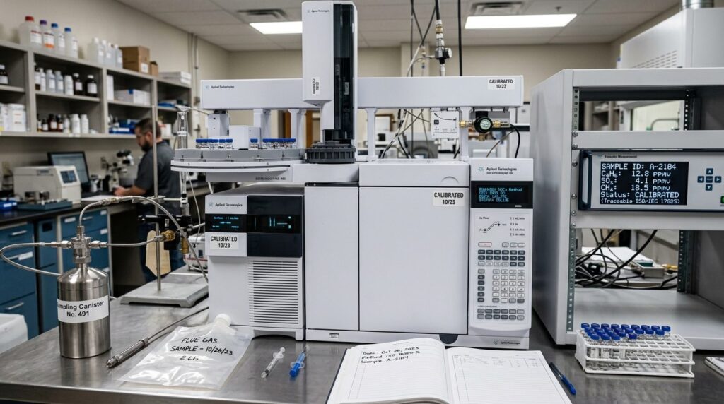 Close-up of calibrated gas chromatography equipment and emis
