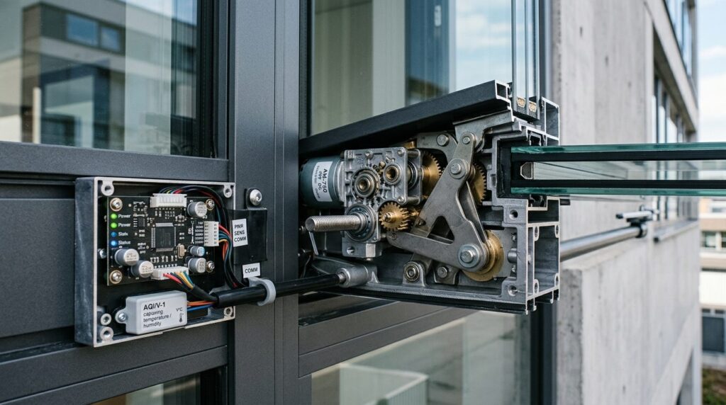 Close-up technical photograph of a high-tech automated windo