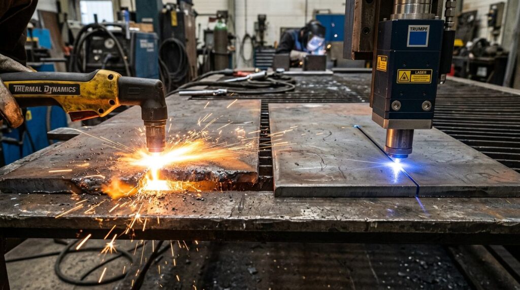 Close-up comparison shot of plasma cutting torch creating or