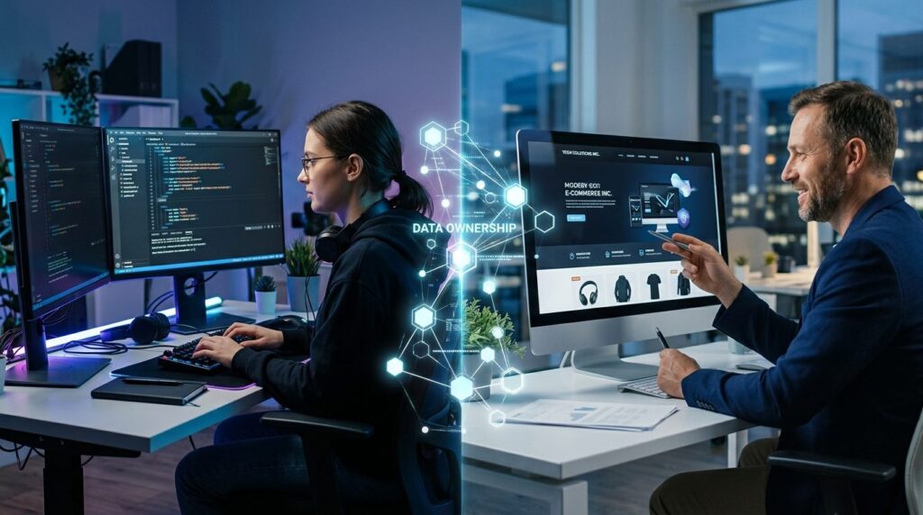 Split-screen composition showing on left side a web develope