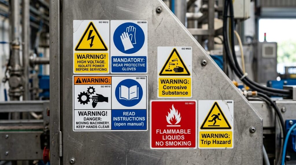 Close-up detailed shot of various safety warning pictogram s