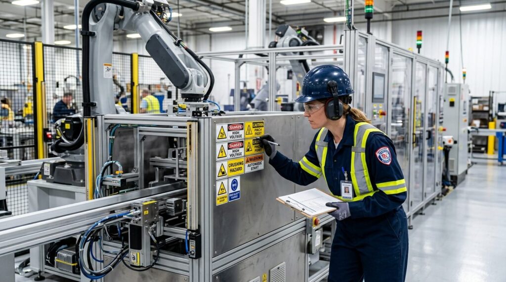 Industrial worker in safety gear inspecting warning labels a