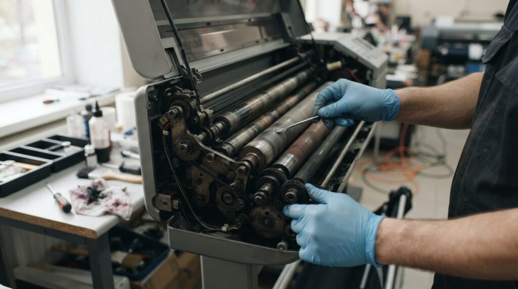 Hands of a technician performing preventive maintenance on a