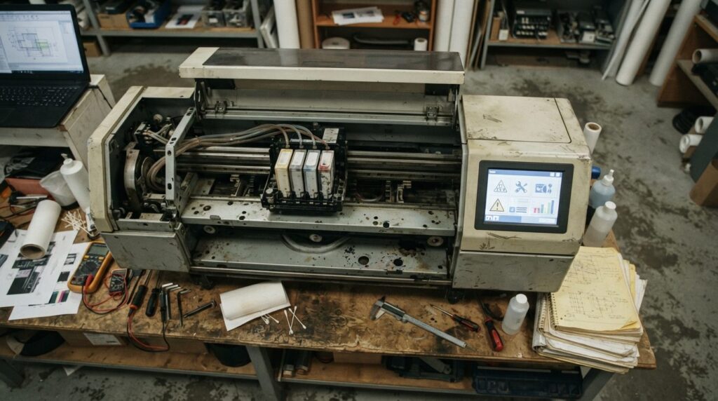 Overhead view of a wide-format printer displaying maintenanc