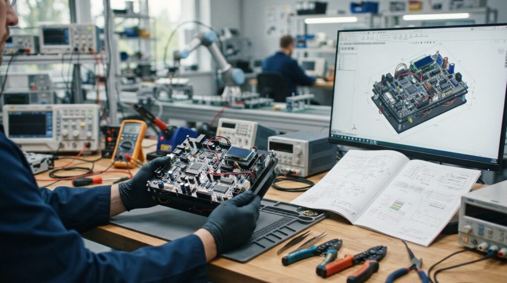 Detailed photograph of an engineers hands holding a finishe