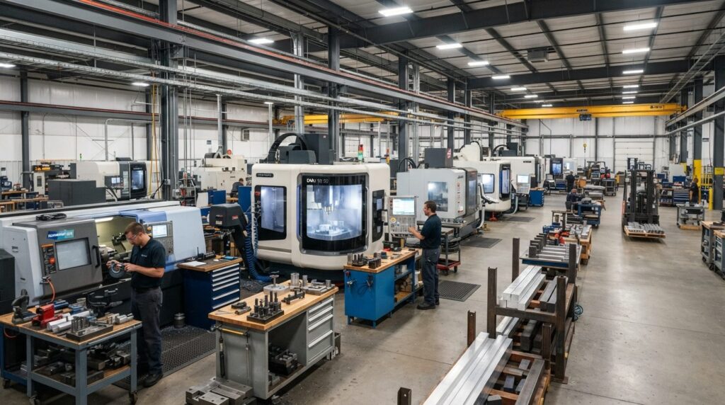 Wide shot of a modern CNC machining workshop floor with mult