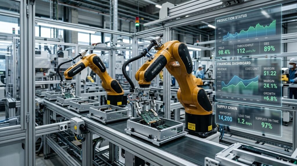 Close-up of an automated manufacturing production line with 