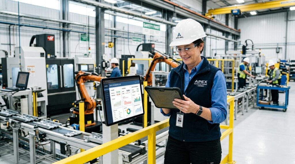 Business owner in hard hat standing in manufacturing facilit