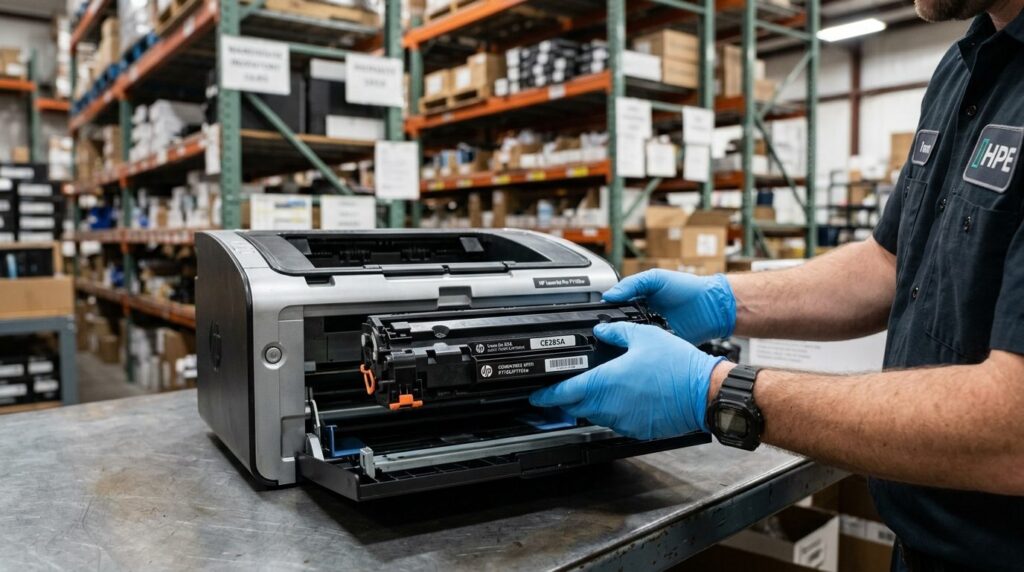 Close-up realistic photograph of hands holding an HP toner c