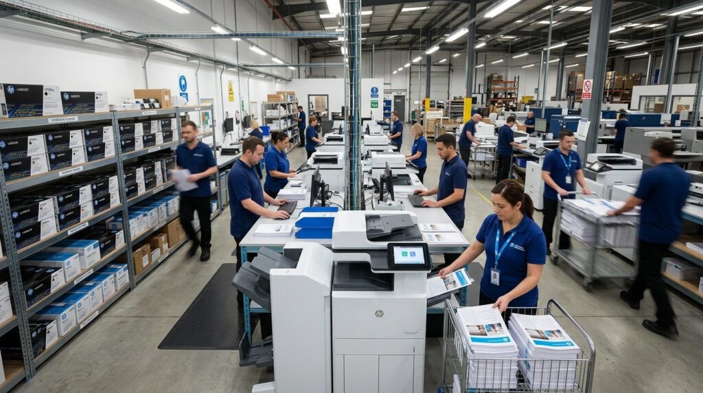 Wide-angle photograph of a busy production facility with mul