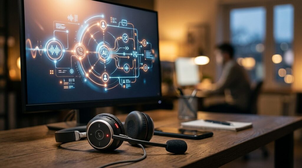 Close-up photorealistic shot of a telephone headset next to 