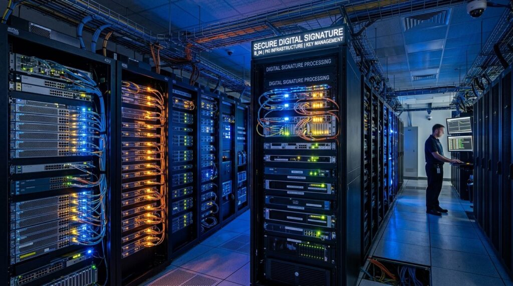 Photorealistic wide-angle view of a server room with glowing