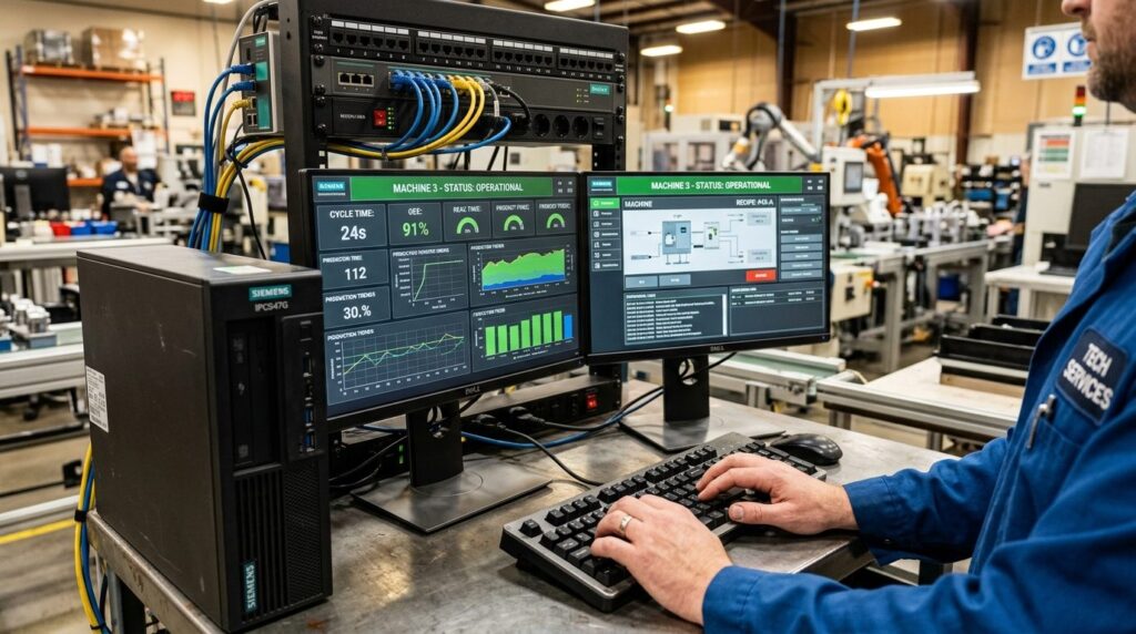 Close-up of a reliable industrial PC workstation with dual m