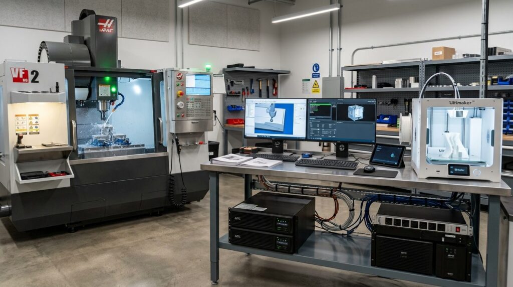 Modern small production facility with a CNC machine and 3D p