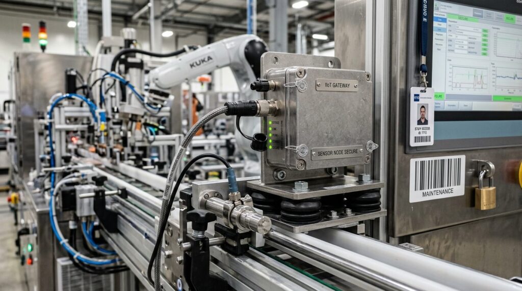Close-up photorealistic image of industrial IoT devices and 
