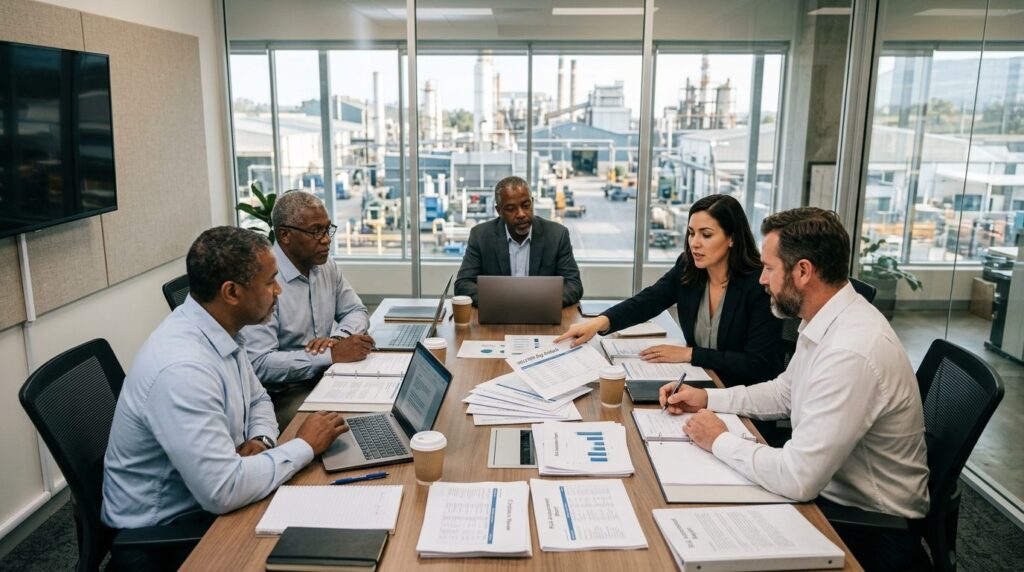 Photorealistic image of a cybersecurity team conducting a ga