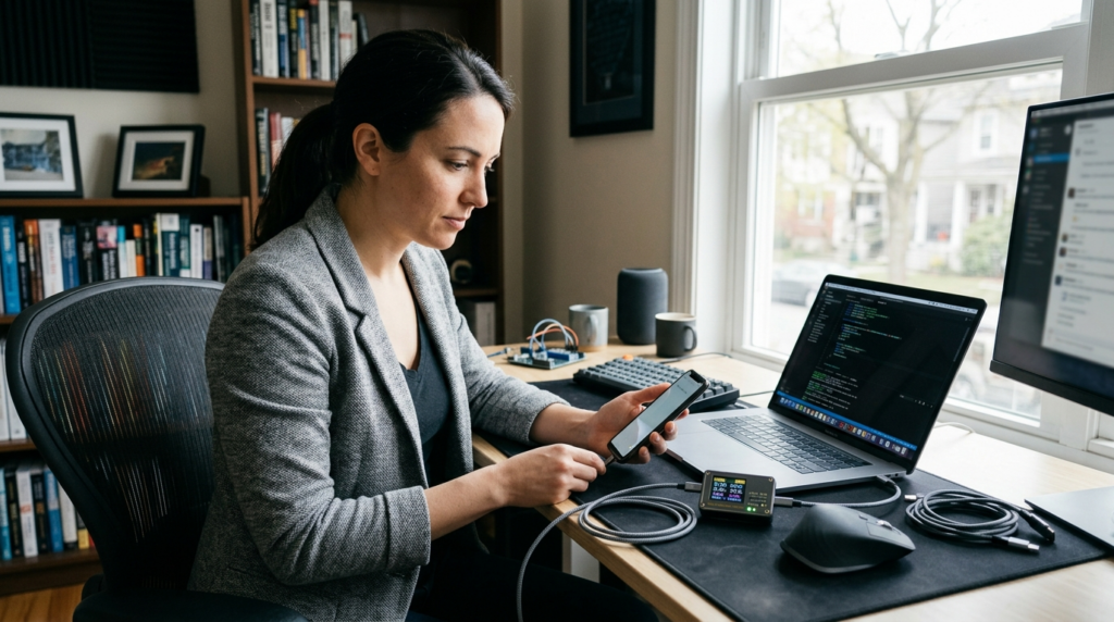 Tech-savvy professional in modern home office environment te