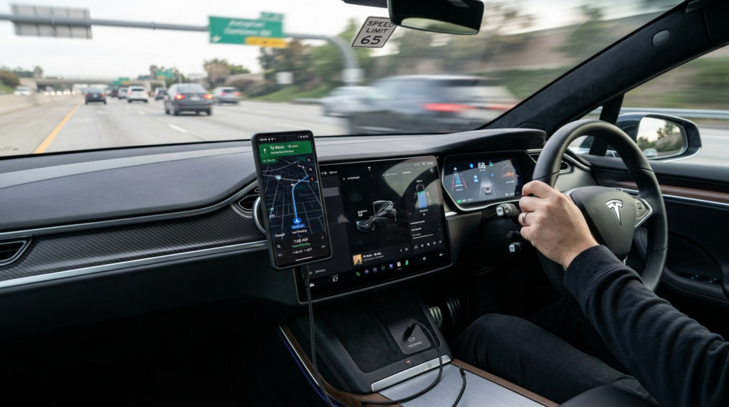 High-tech automotive interior dashboard with smartphone moun