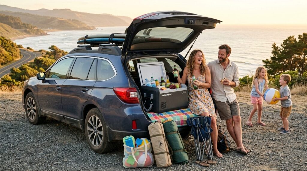 Wide shot of family on a summer road trip with open car trun