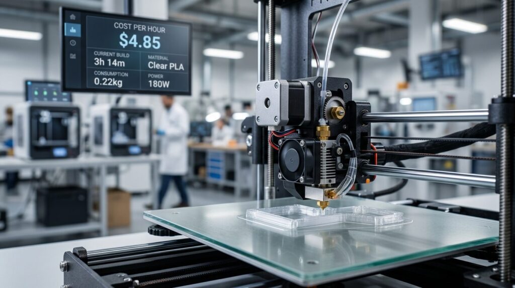 Close-up of a 3D printer extruder printing with transparent