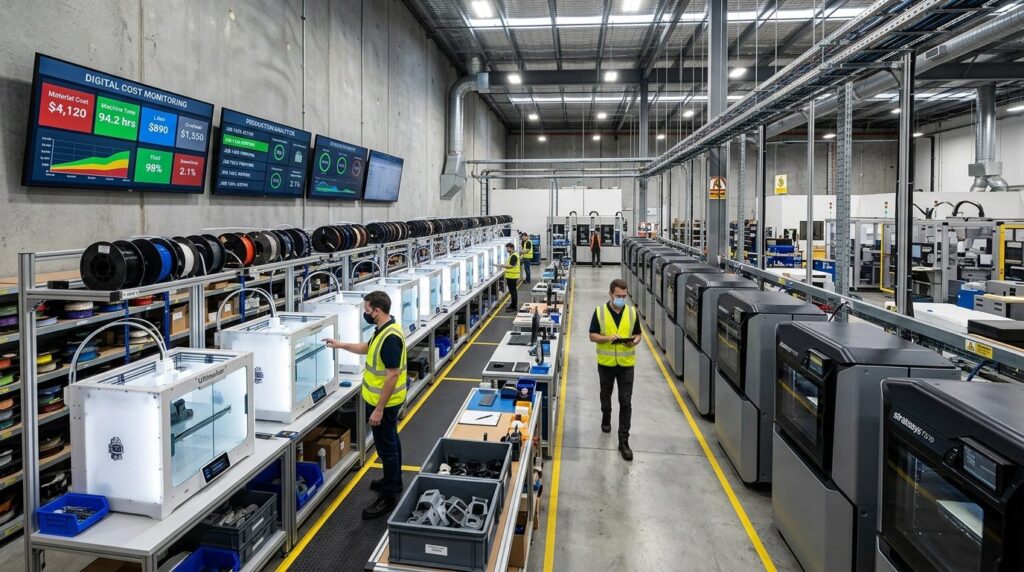 Wide-angle view of an automated 3D printing production facil